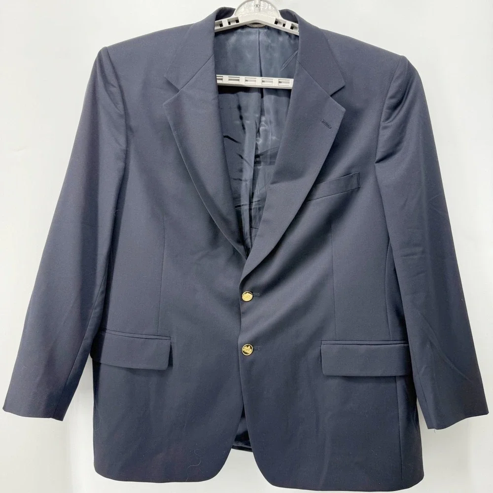 VTG Stafford Executive Hartmarx Mens Blazer 46R Pure Wool Navy Gold Buttons USA